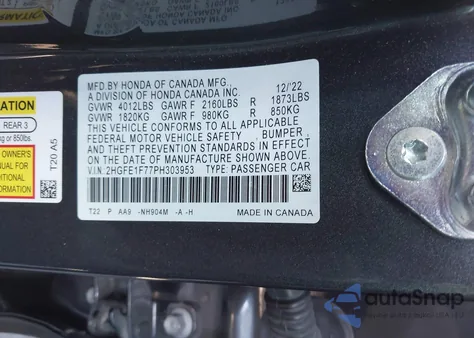 2023 Honda Civic Ex /Ex W/O Bsi z USA, uszkodzony, nr VIN 2HGFE1F77PH303953